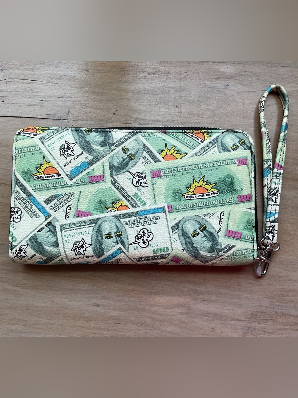 Betsey Johnson Mint Money-Print Zip Wallet with Graphic Accents - Picture 2 of 6